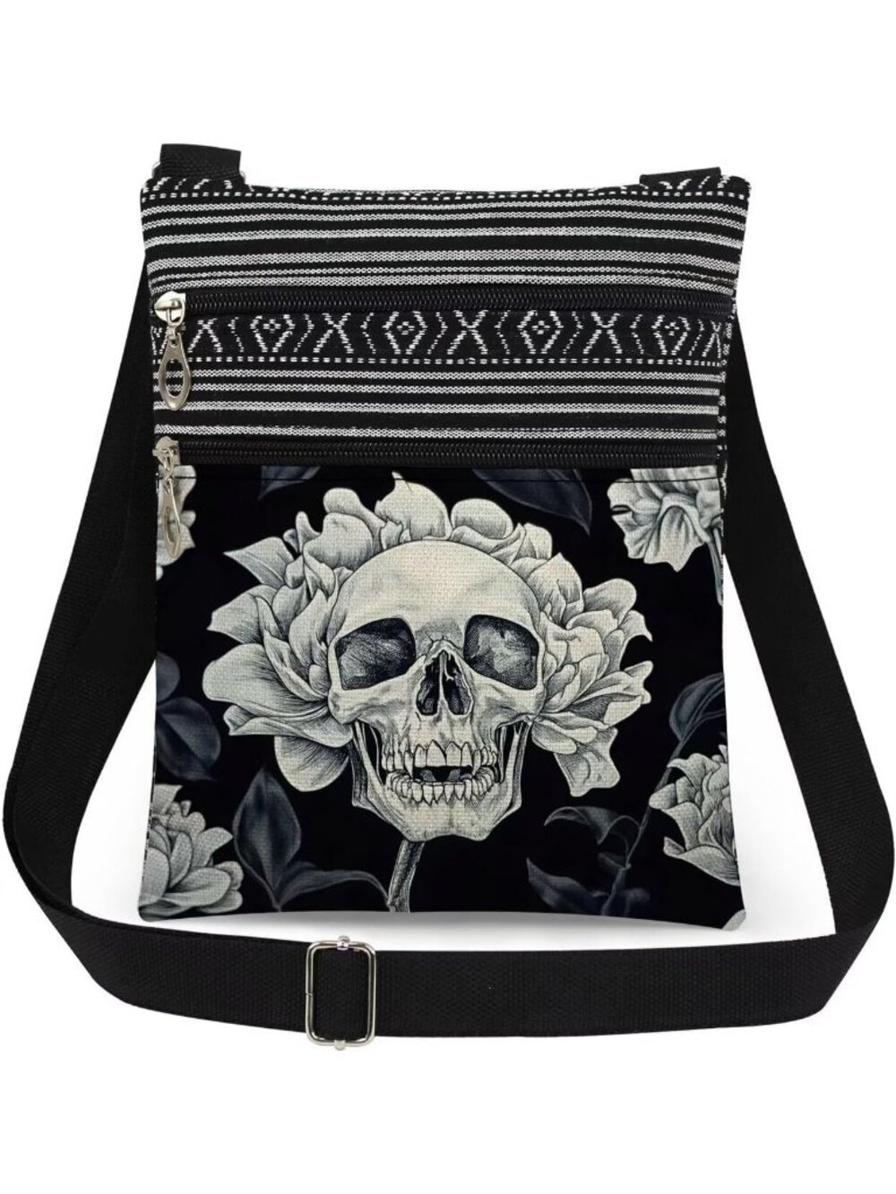 Women's Black White Halloween Skull Pouch Adjustable Strap Crossbody Zipper Bag